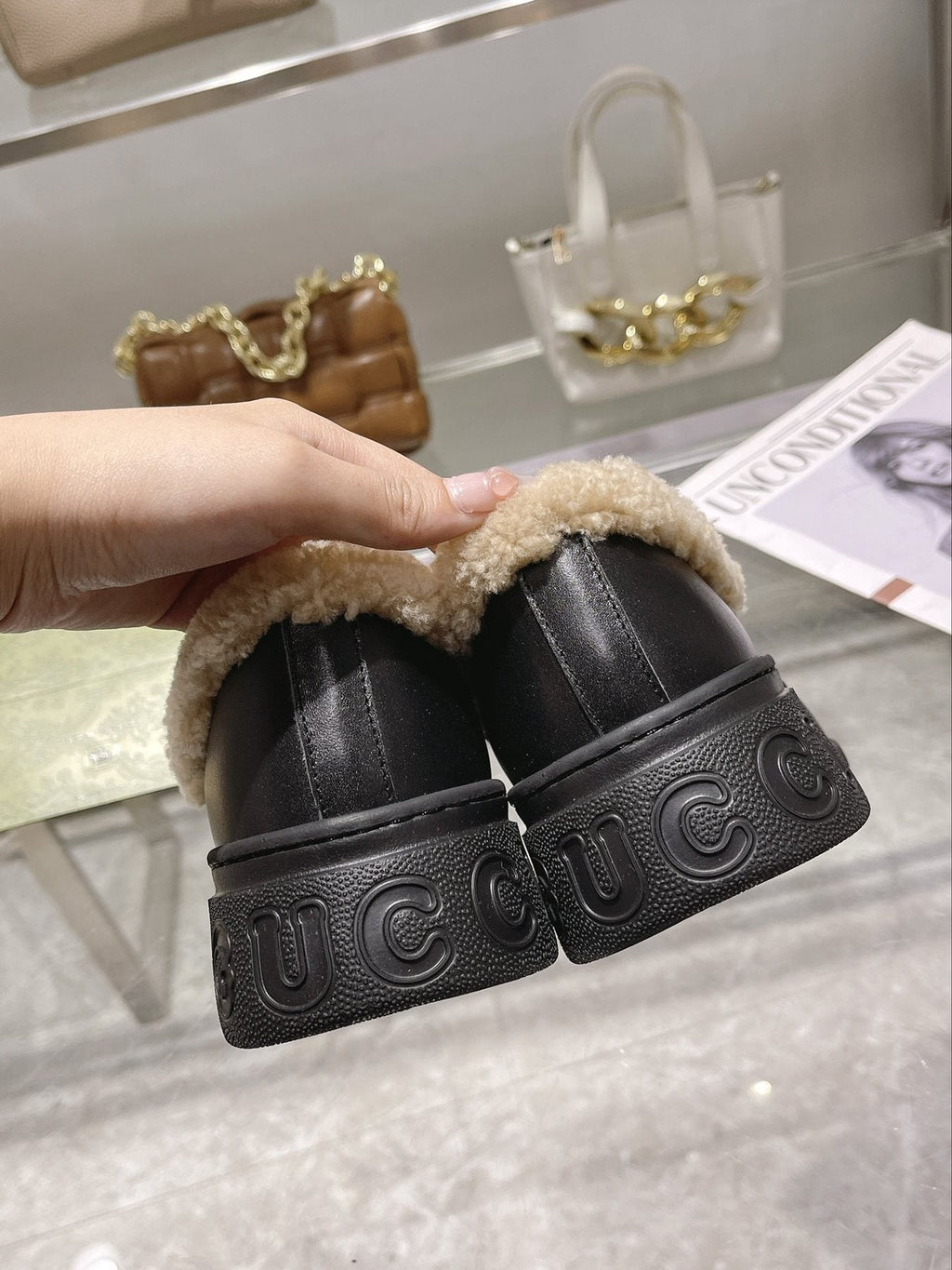 Gucci Patterned Plush-Trim Slip-On Snow Boots — back