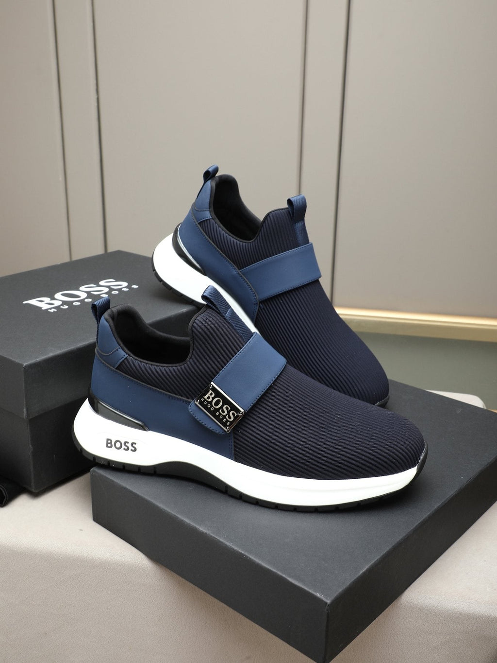 Hugo Boss Ribbed Knit Strap Slip-On Shoes — front