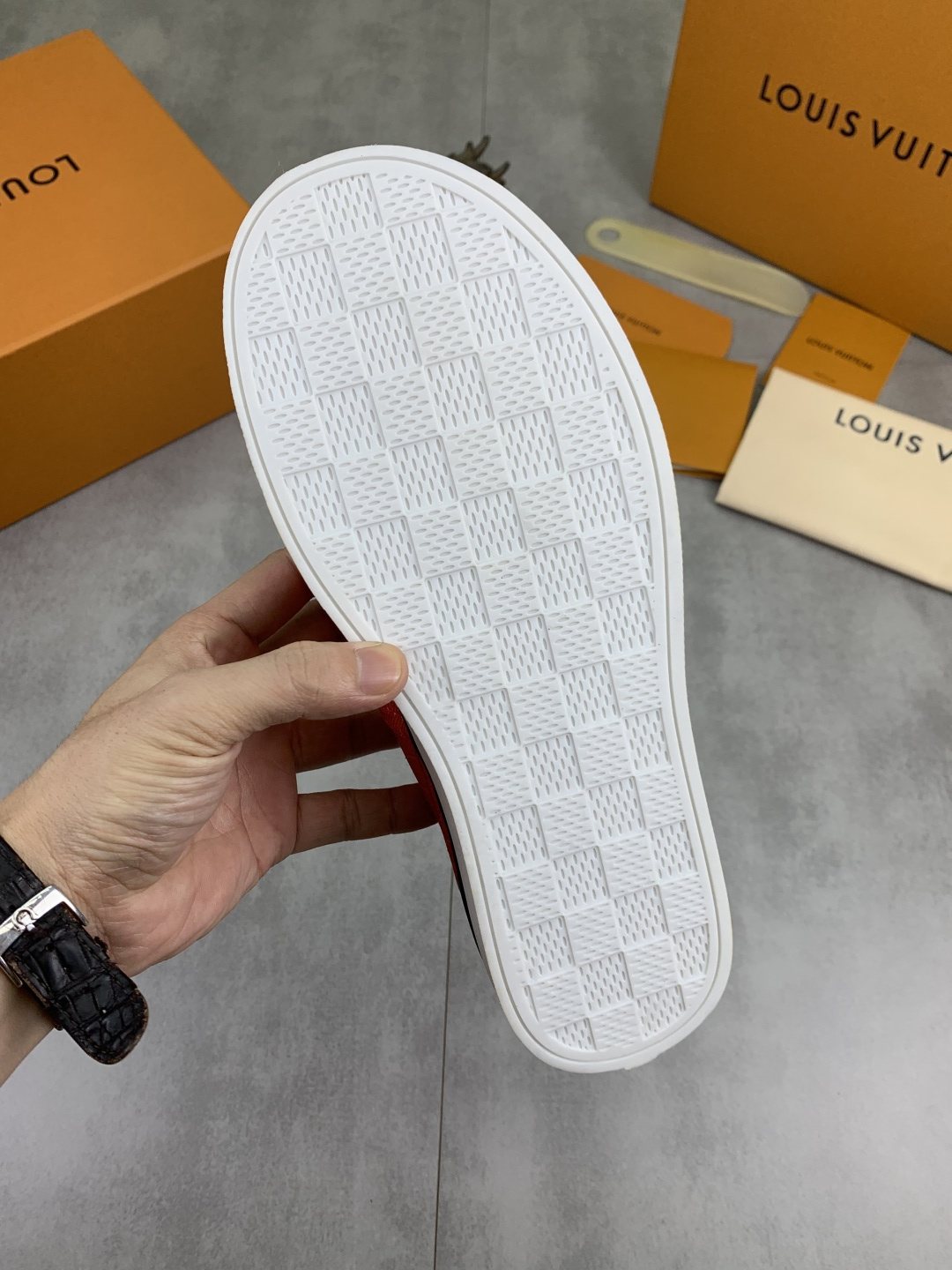Louis Vuitton Coral Red Textured Low-Top Sneakers — detail