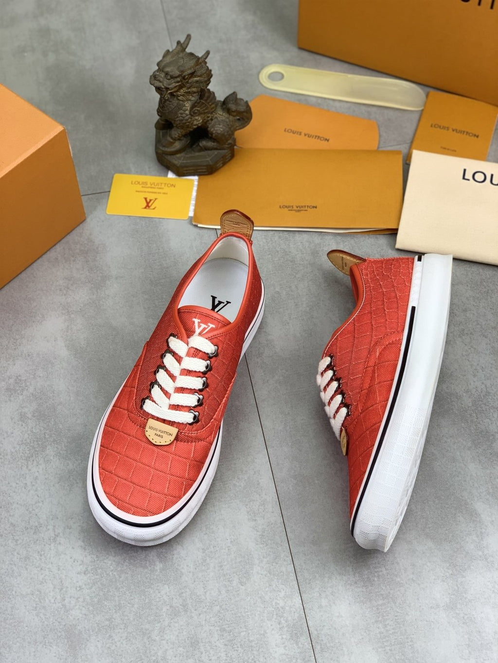 Louis Vuitton Coral Red Textured Low-Top Sneakers — front