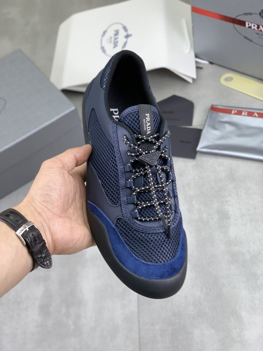 Prada Layered Mesh Lace-Up Sneakers — model