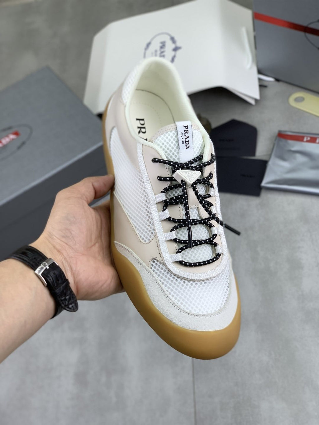 Prada Layered Mesh Lace-Up Sneakers — model