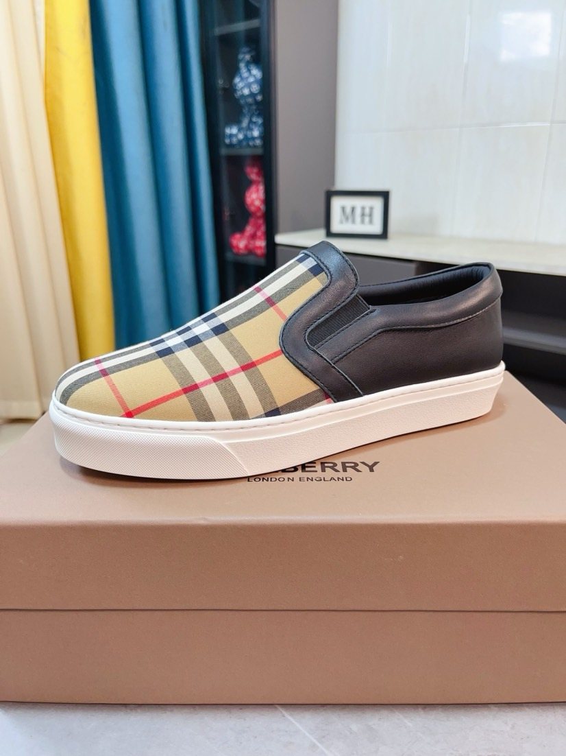 Burberry Men's Beige Plaid Slip-On Shoes — side