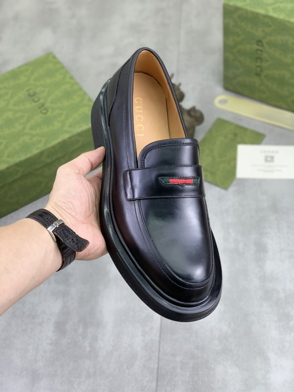 Gucci Black Loafers with Red and Green Accent — model
