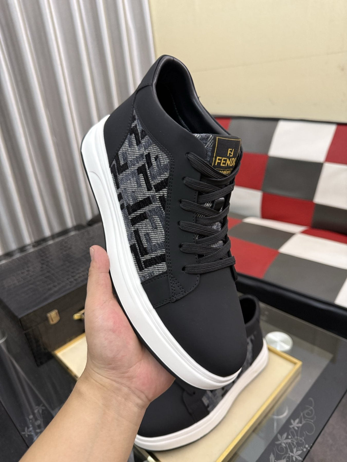 Fendi Patterned-Panel Lace-Up Sneakers — model