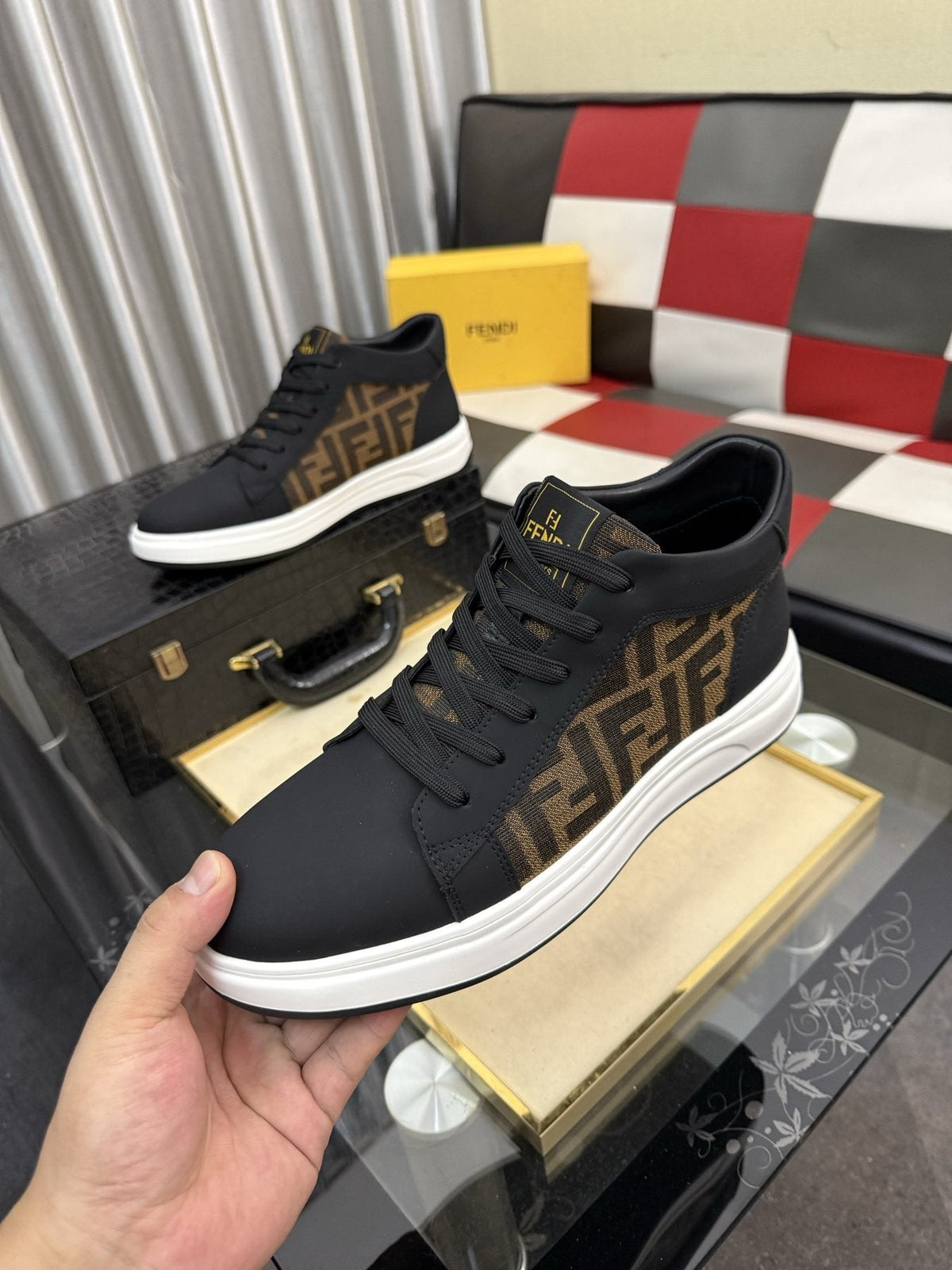 Fendi Patterned-Panel Lace-Up Sneakers — model
