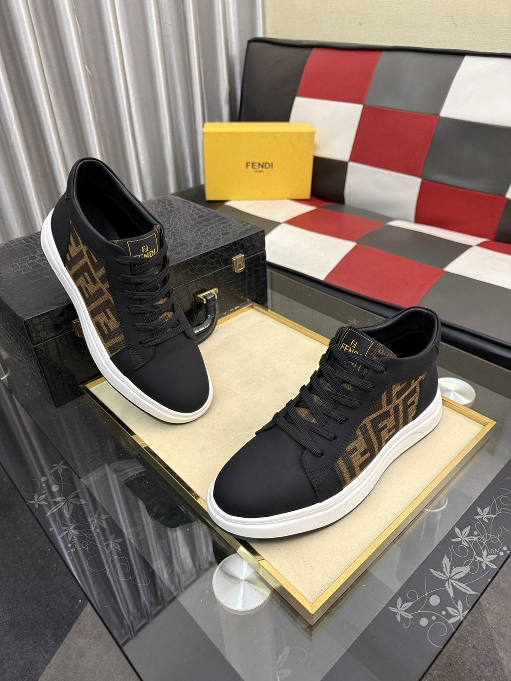 Fendi Patterned-Panel Lace-Up Sneakers — front