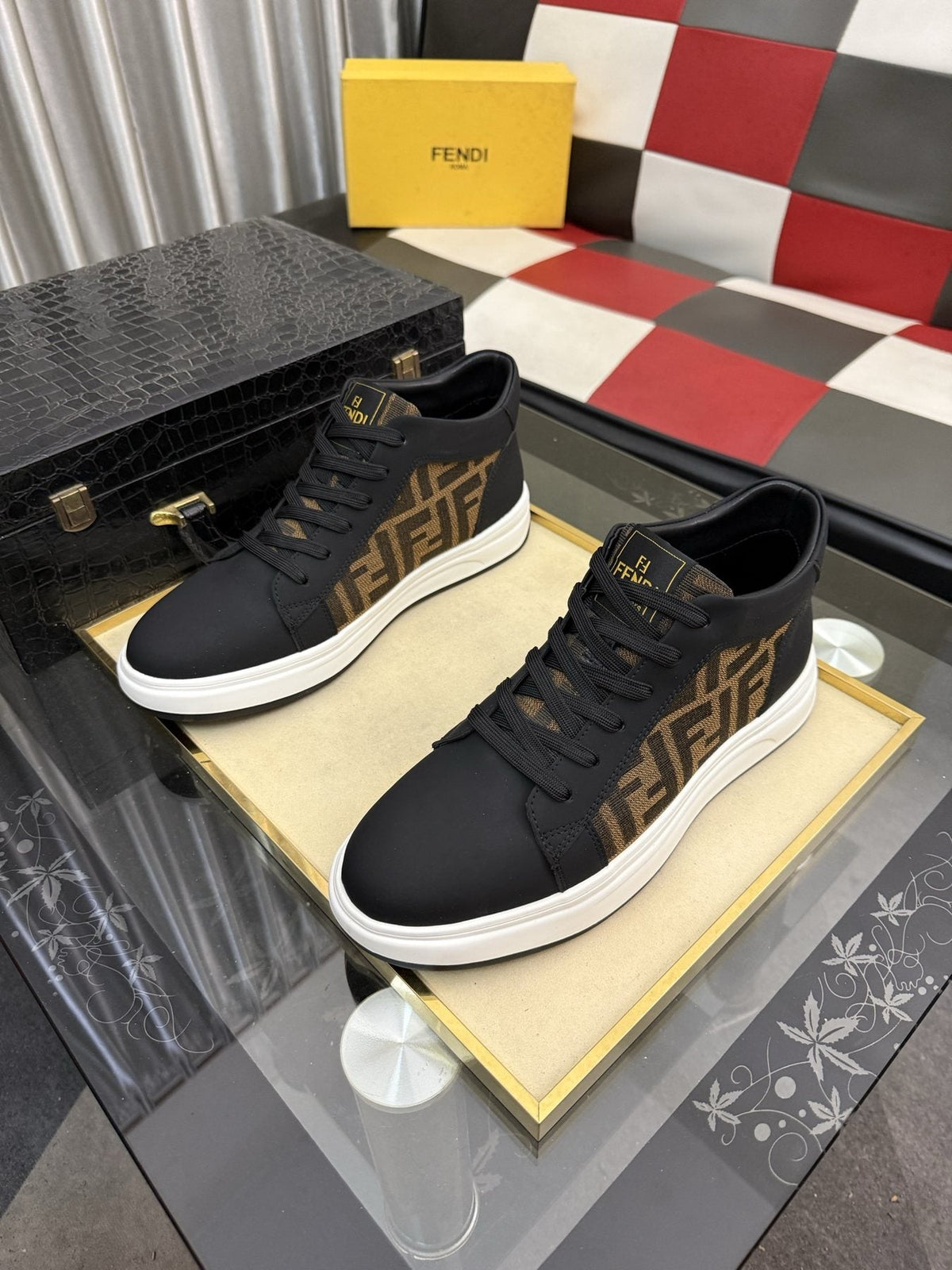 Fendi Patterned-Panel Lace-Up Sneakers — front