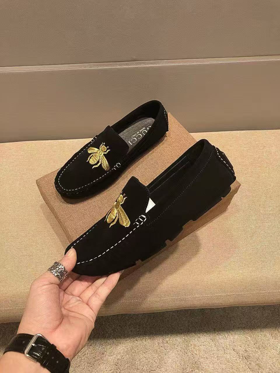 Gucci Black Bee-Embroidered Loafers — side
