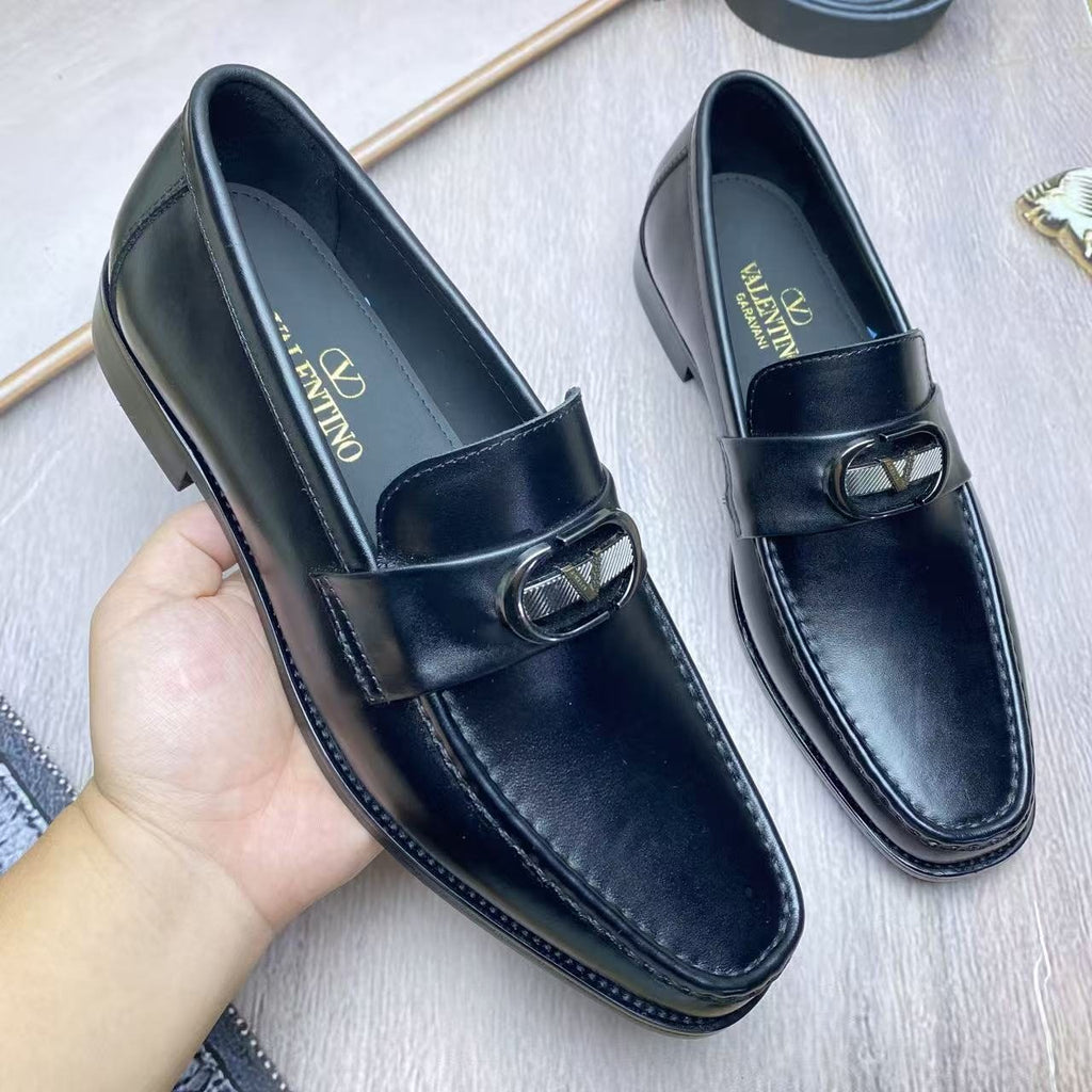 Valentino Square-Toe Loafers with Metal Detail — model