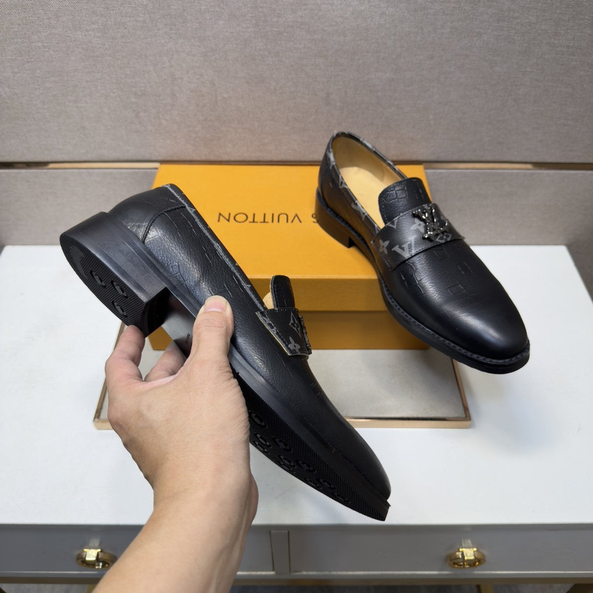 Louis Vuitton Men's Patterned-Strap Loafers — model