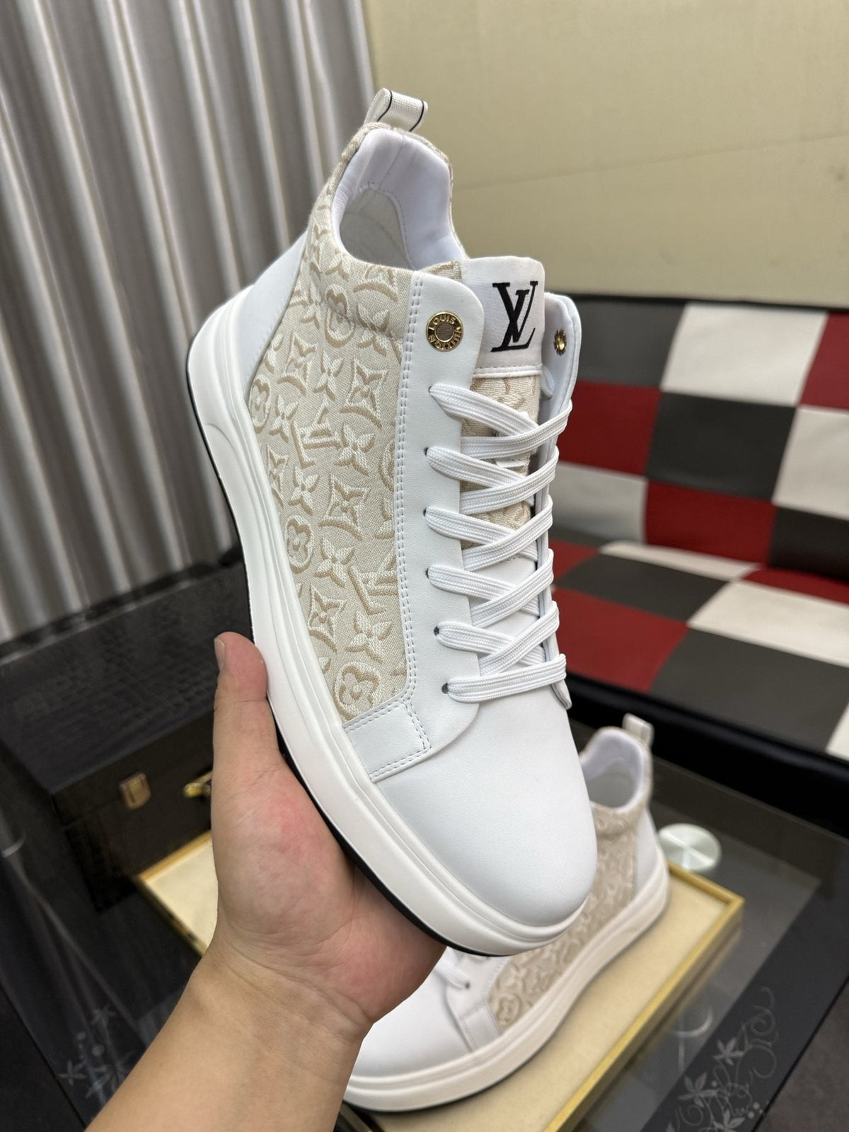 Louis Vuitton Patterned Panel High-Top Sneakers — model