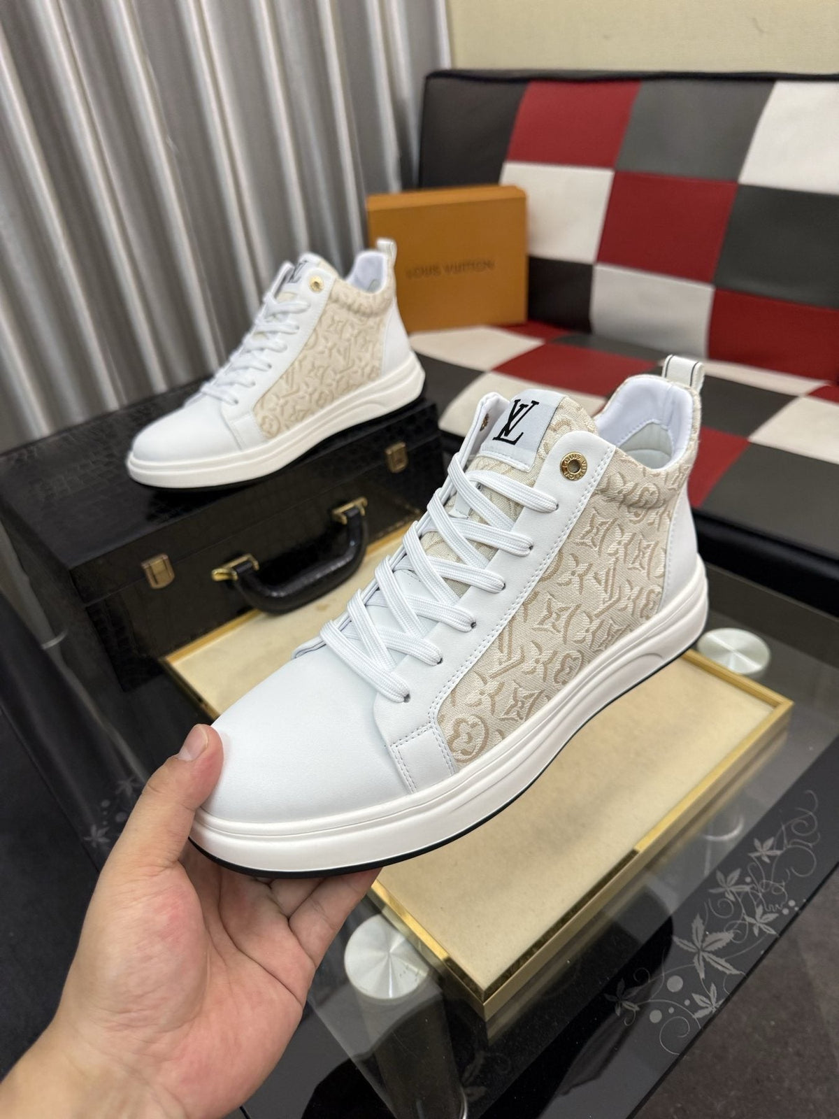 Louis Vuitton Patterned Panel High-Top Sneakers — model