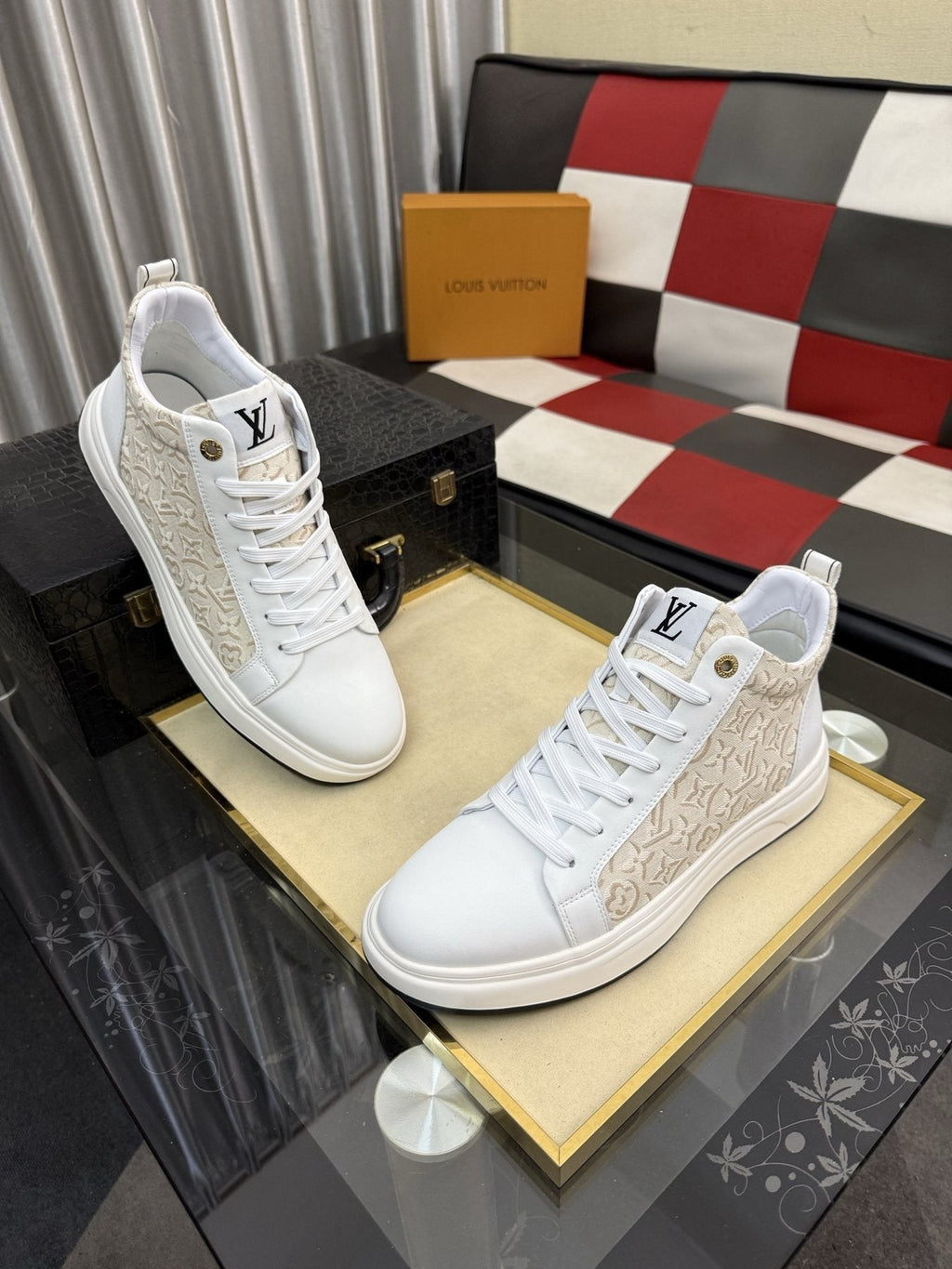 Louis Vuitton Patterned Panel High-Top Sneakers — front