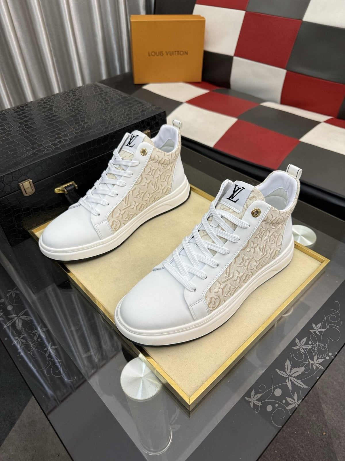 Louis Vuitton Patterned Panel High-Top Sneakers — front