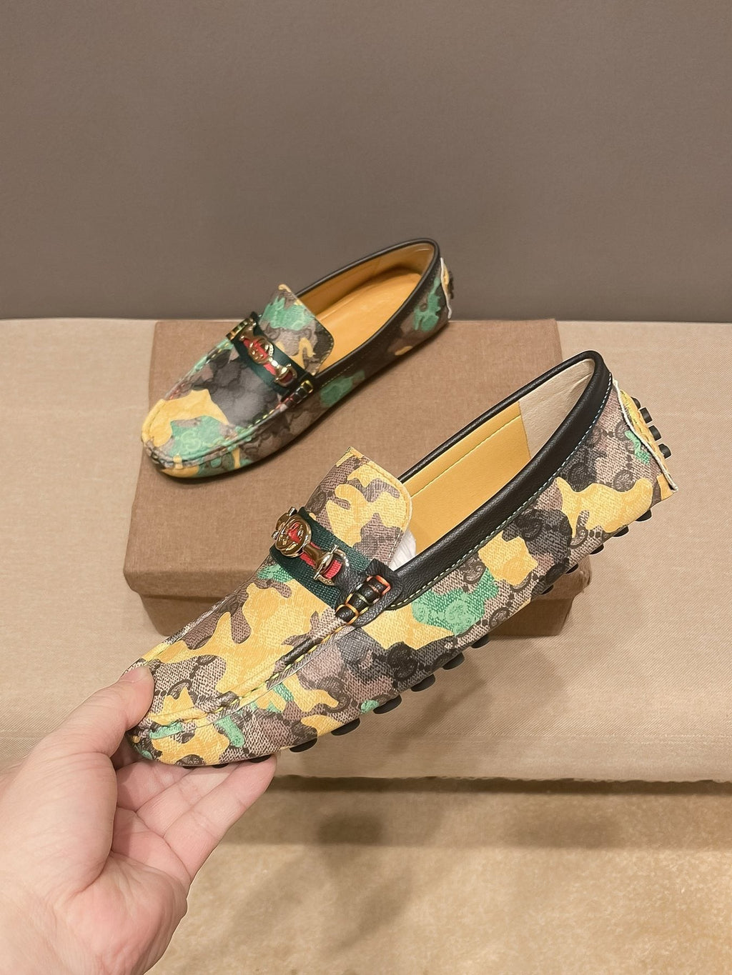 Gucci Patterned Metal-Accent Loafers — model