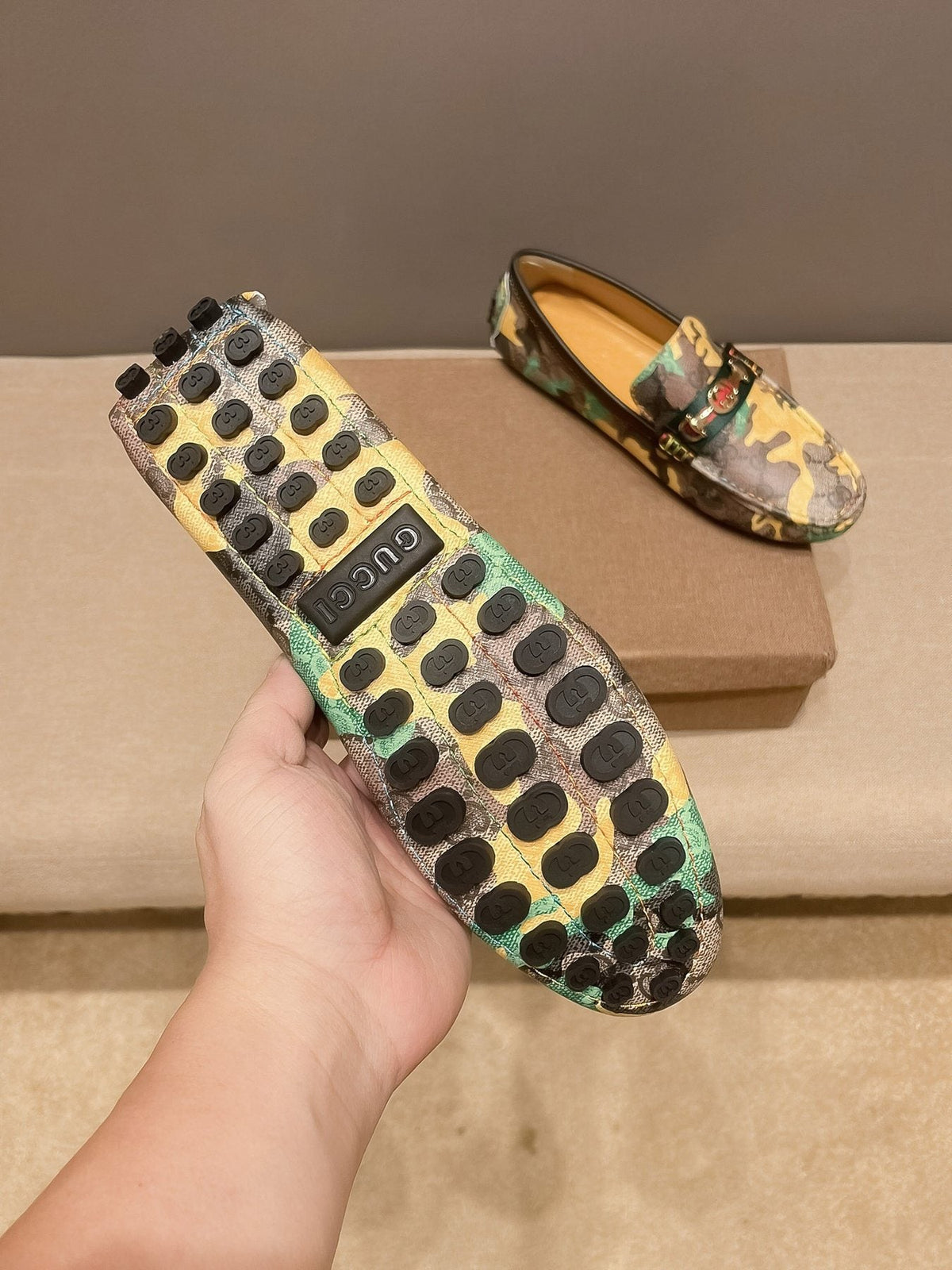 Gucci Patterned Metal-Accent Loafers — detail