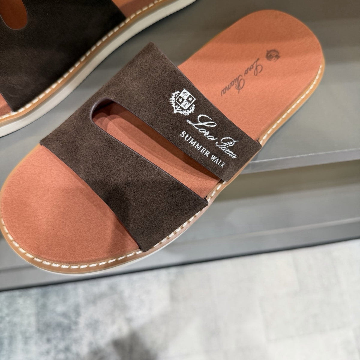Loro Piana Summer Walk Slotted Slide Sandals — detail