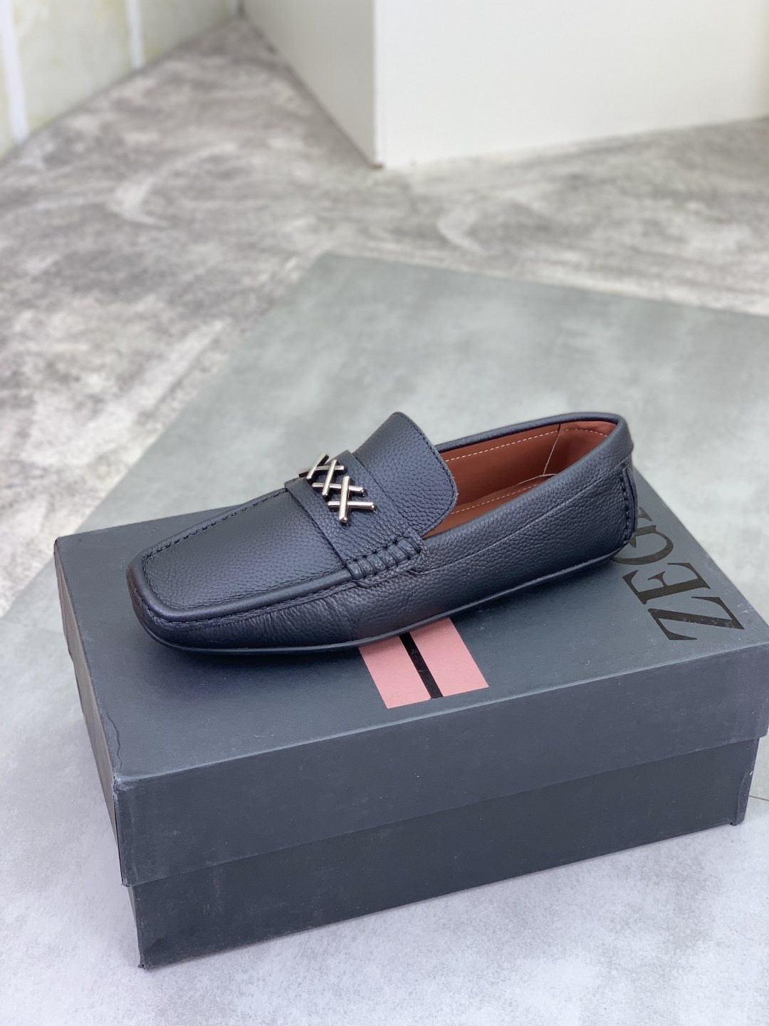 Zegna Square-Toe Leather Loafers with X Accents — front