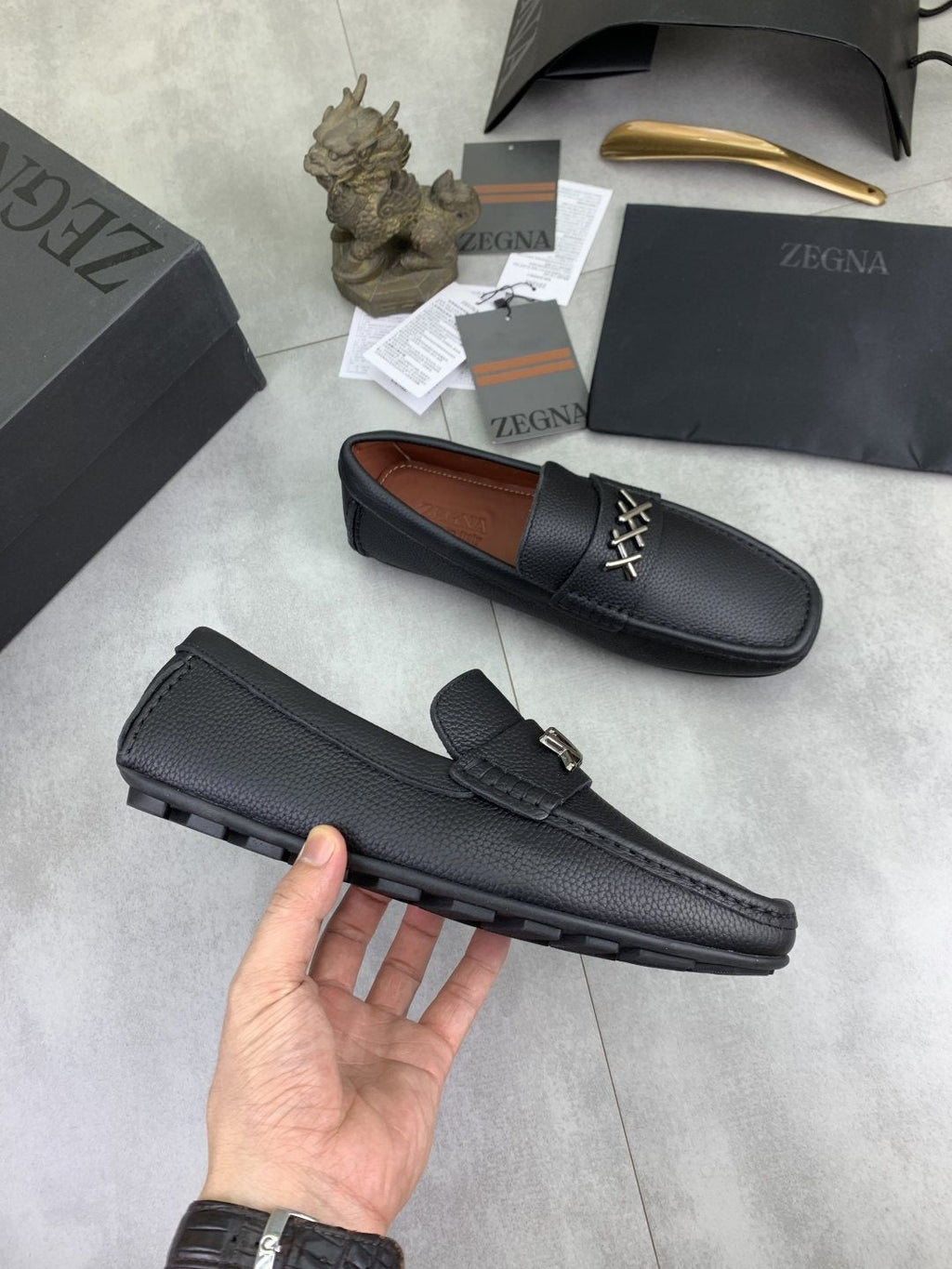 Zegna Square-Toe Leather Loafers with X Accents — model