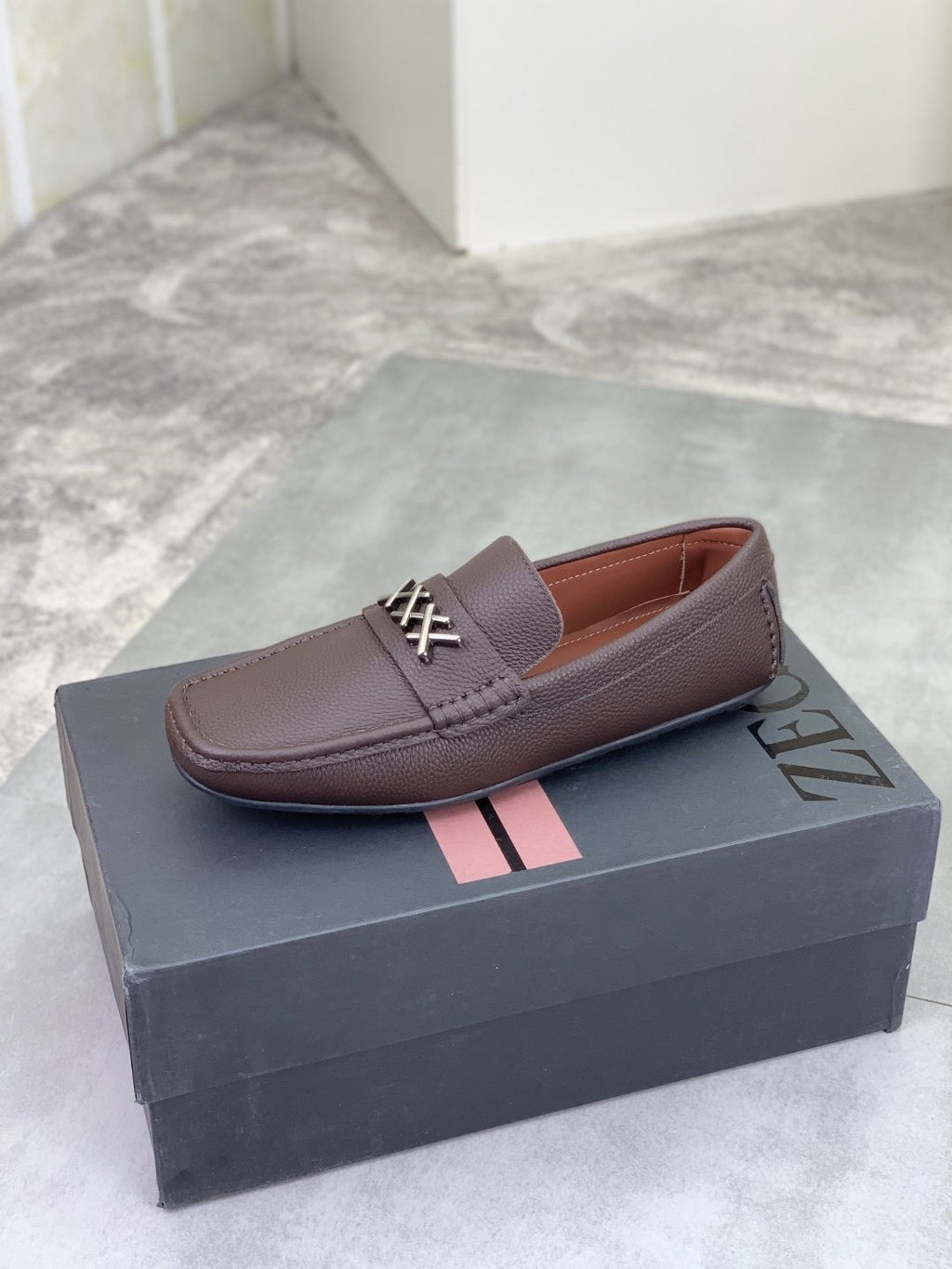 Zegna Square-Toe Leather Loafers with X Accents — front