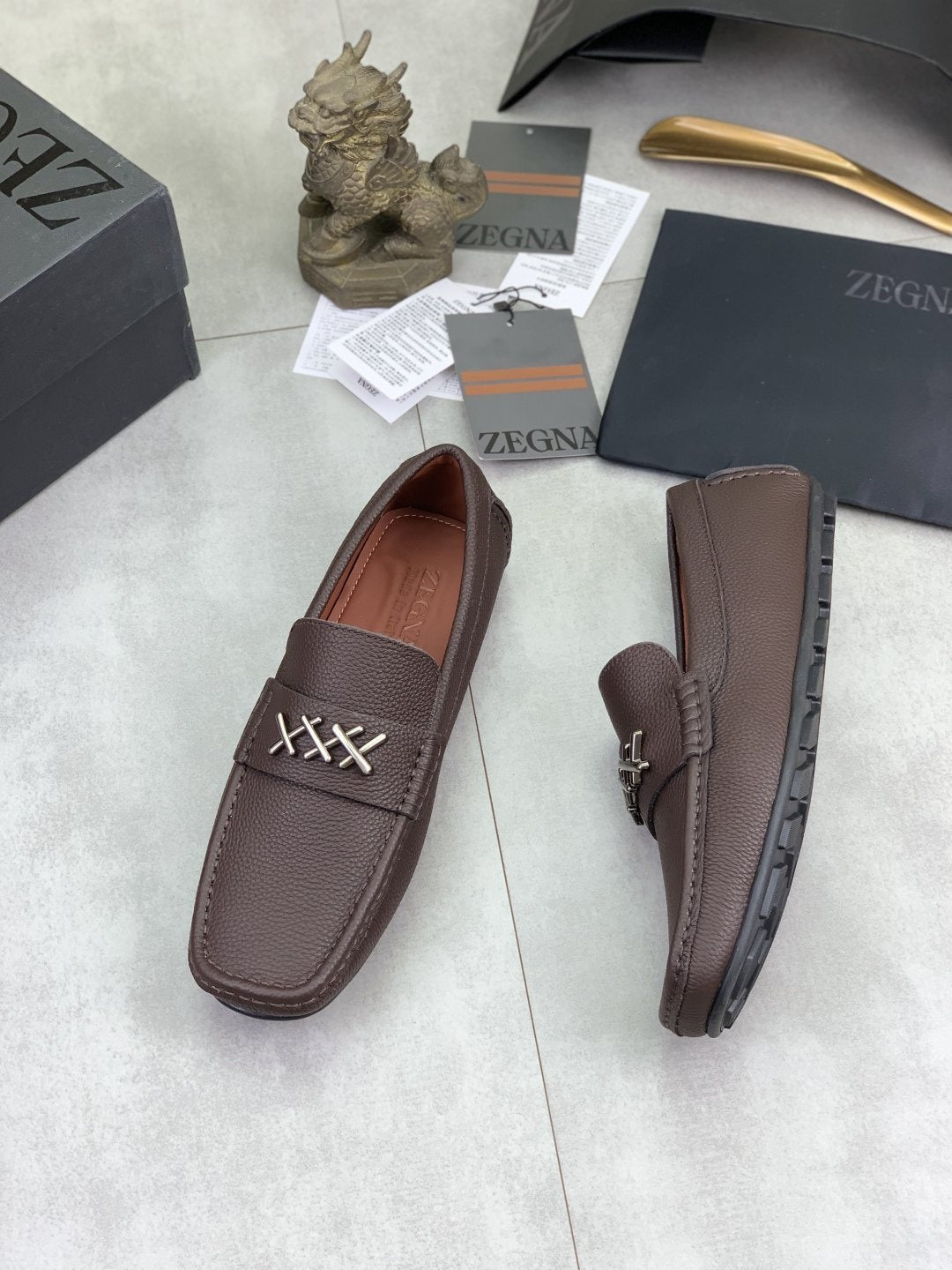 Zegna Square-Toe Leather Loafers with X Accents — side