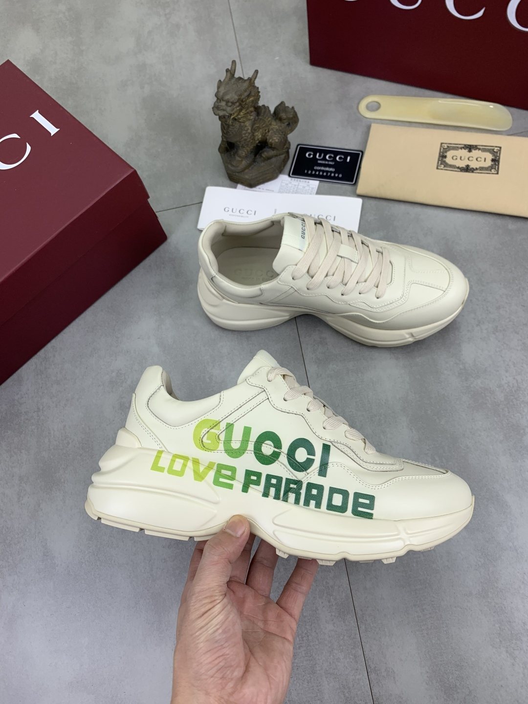 Gucci Cream and Green Chunky Sneakers — model