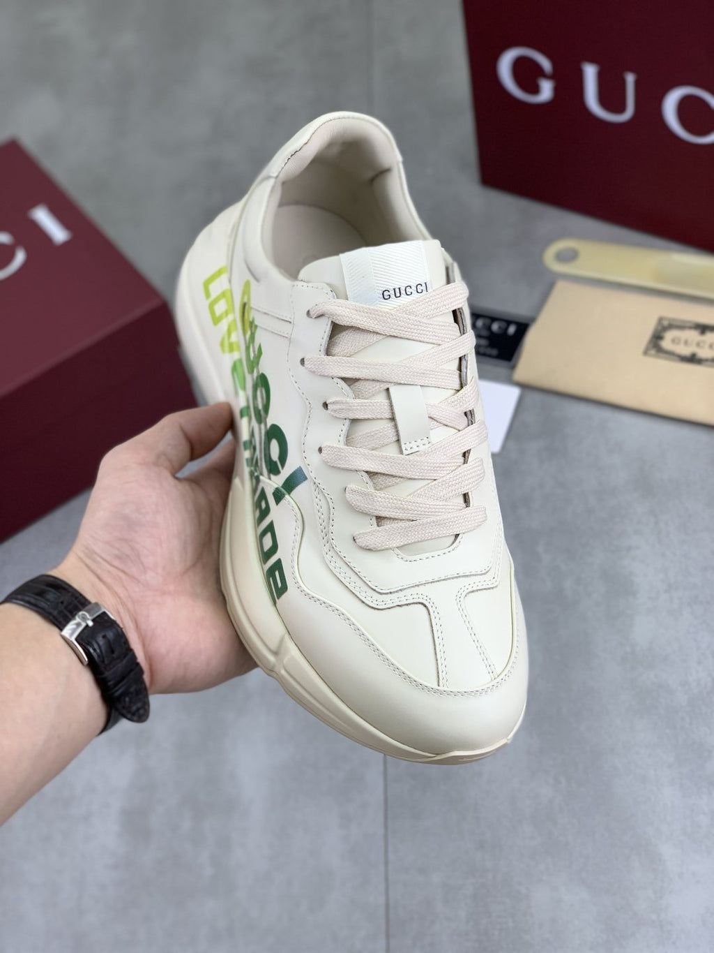 Gucci Cream and Green Chunky Sneakers — model