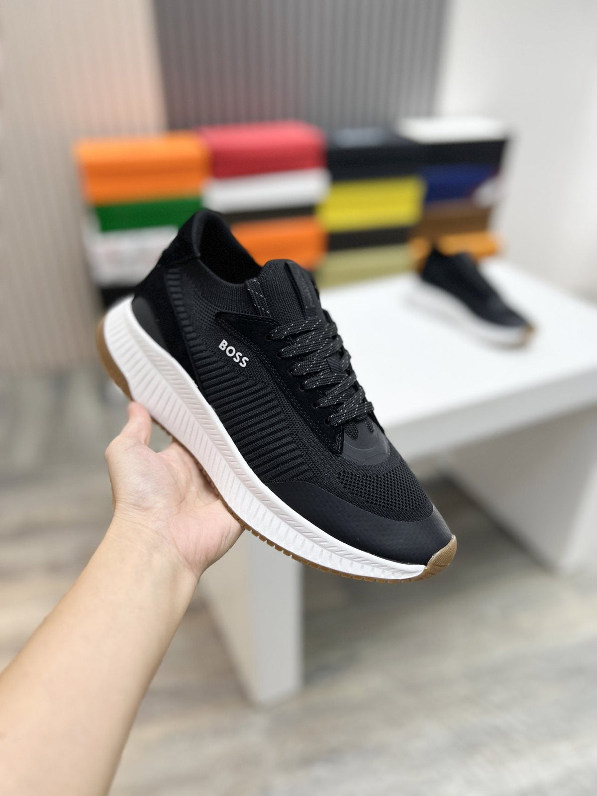 BOSS Men's Knit-Upper Ribbed-Sole Sneakers — model