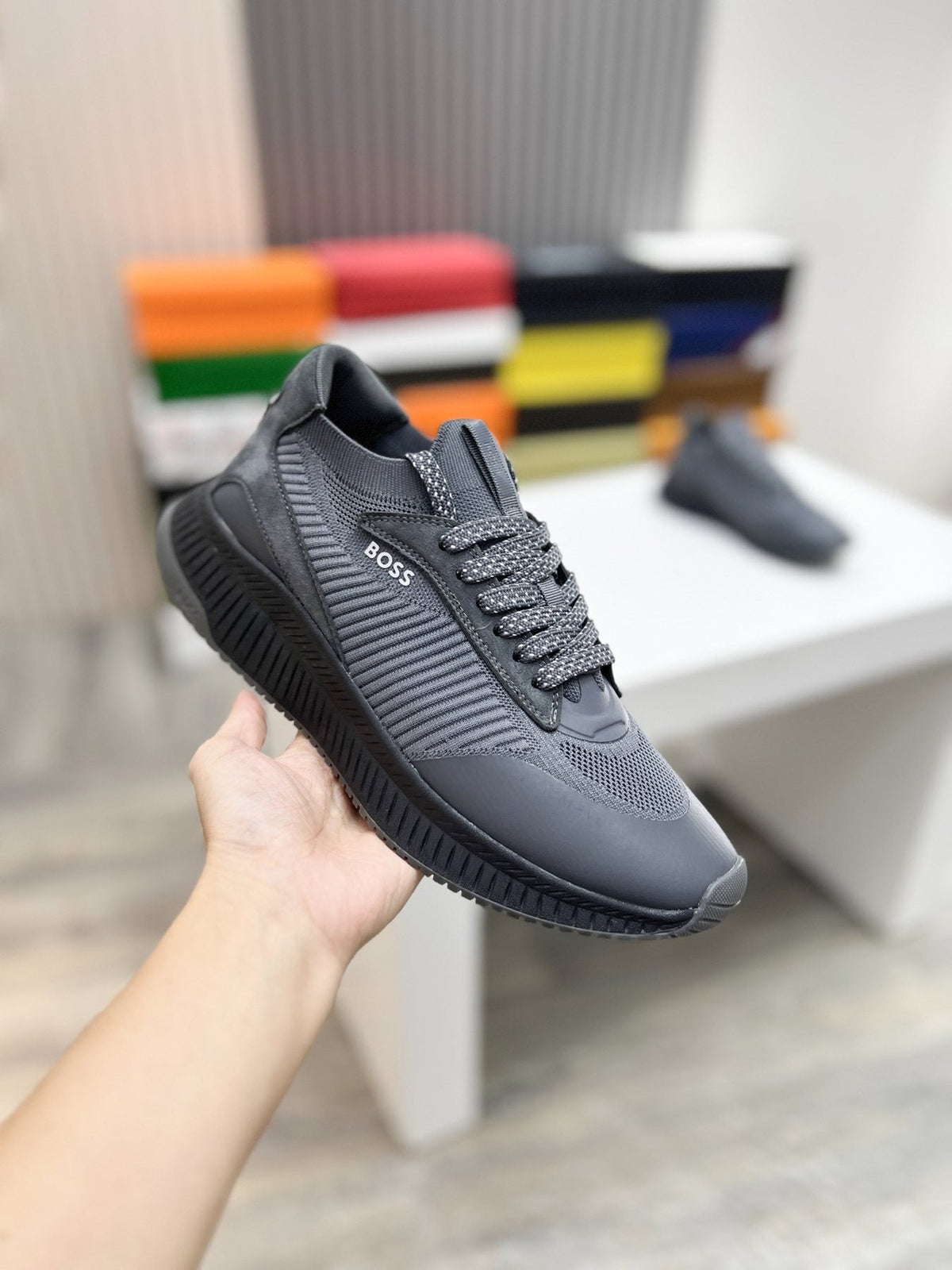 BOSS Men's Knit-Upper Ribbed-Sole Sneakers — model