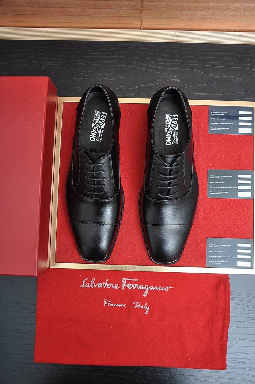 Ferragamo Black Cap-Toe Lace-Up Dress Shoes — front
