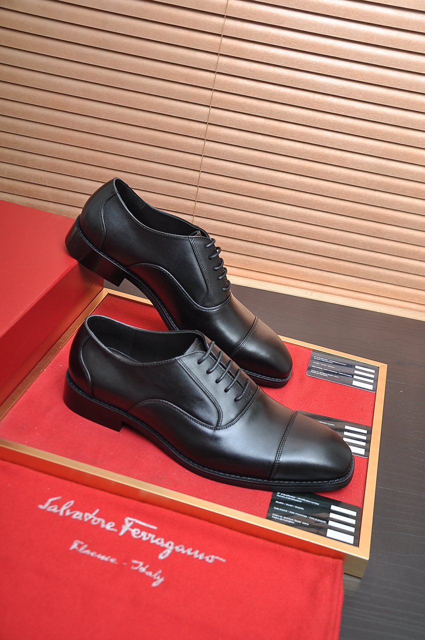 Ferragamo Black Cap-Toe Lace-Up Dress Shoes — front