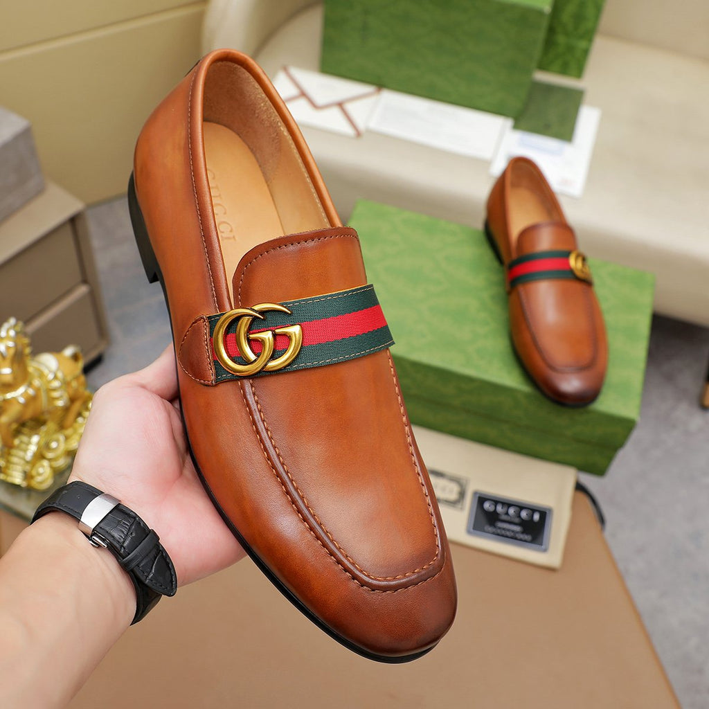 Gucci Striped-Strap Apron-Toe Loafers — front