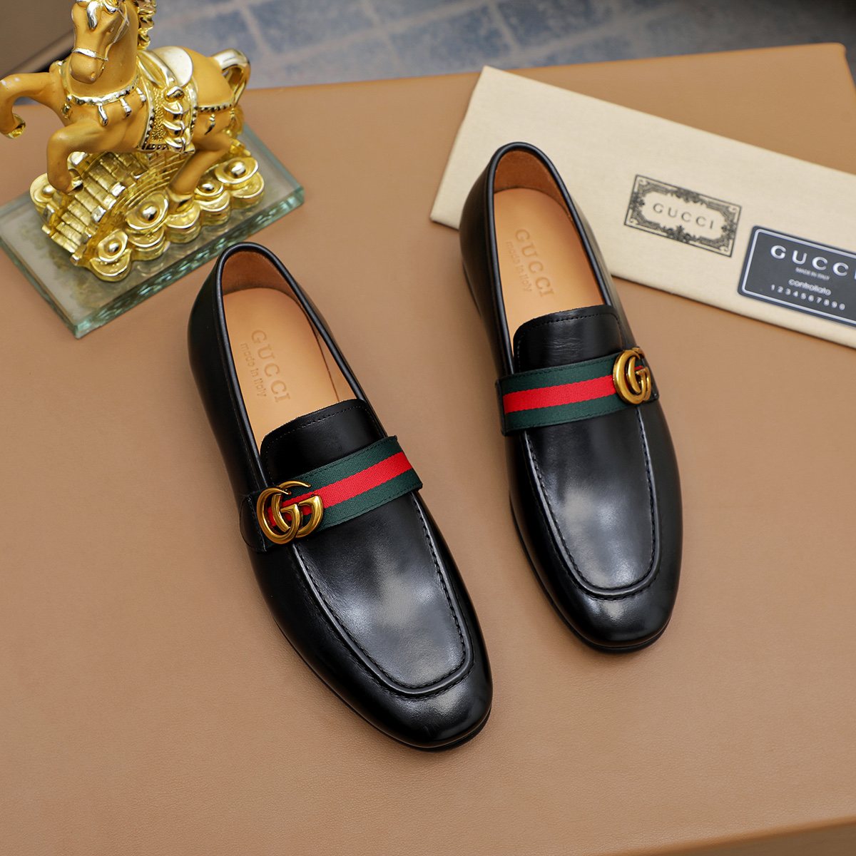 Gucci Striped-Strap Apron-Toe Loafers — front