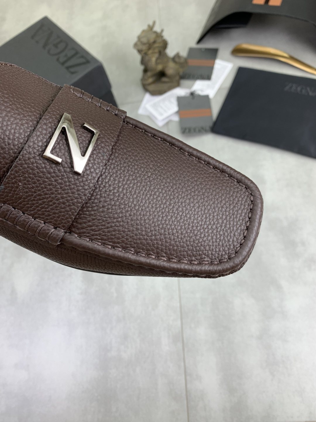 Zegna Square-Toe Leather Loafers — detail