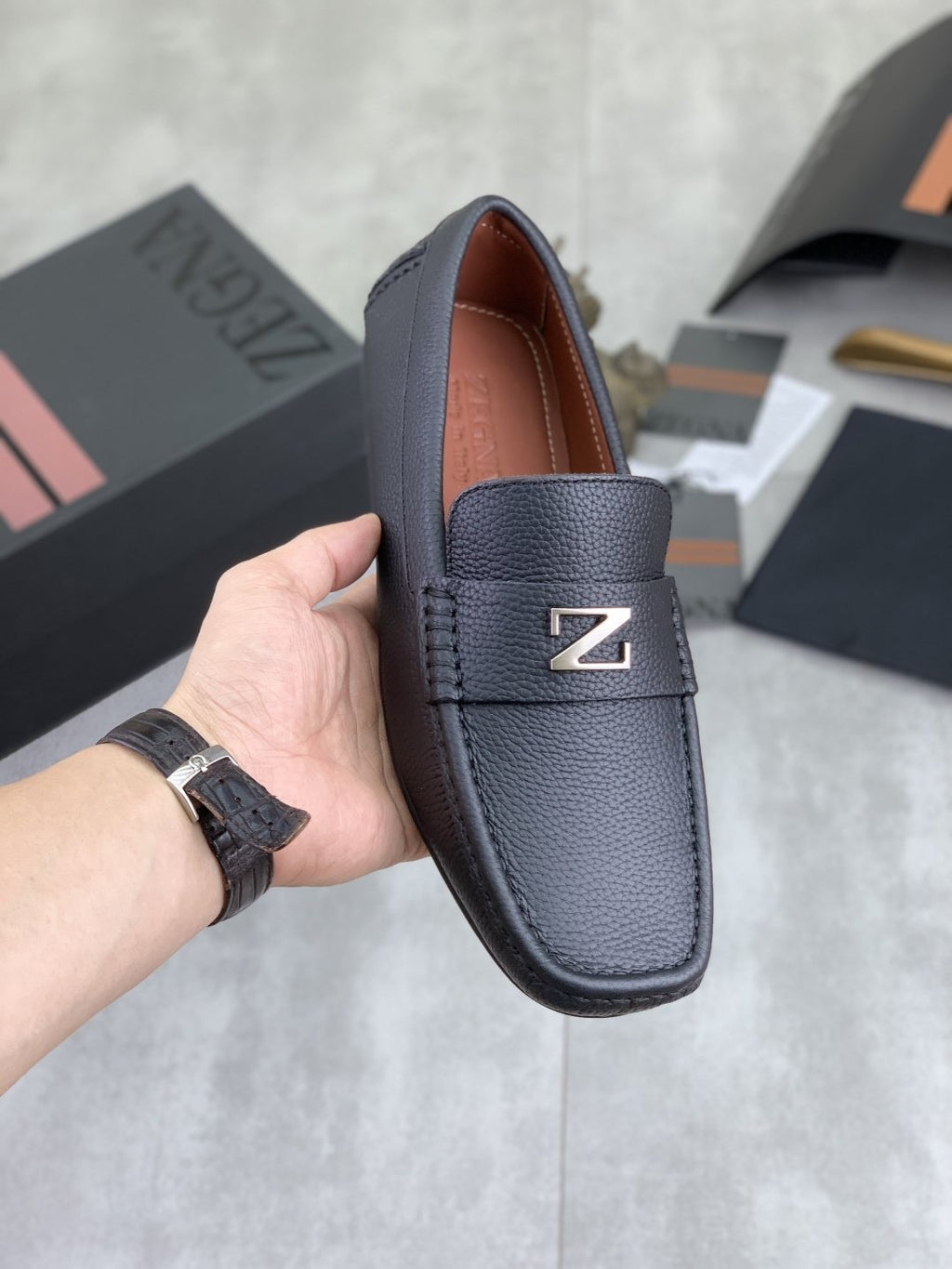 Zegna Square-Toe Leather Loafers — model