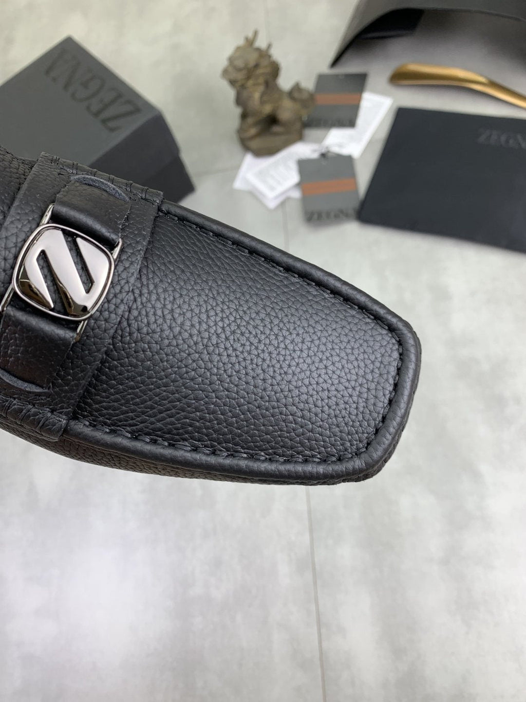 Zegna Square-Toe Leather Loafers — detail