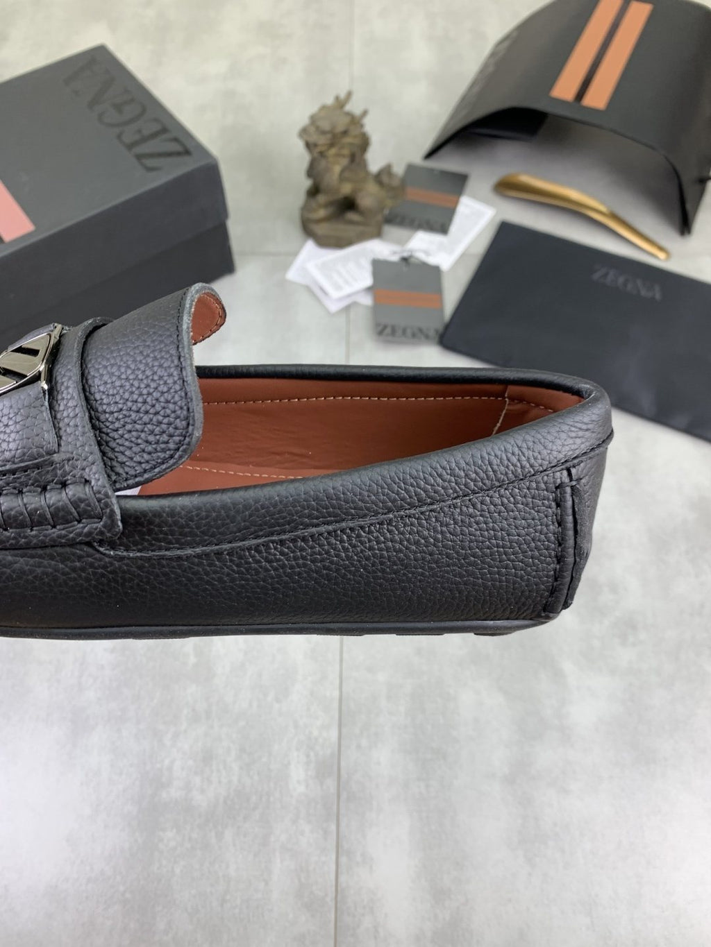 Zegna Square-Toe Leather Loafers — detail