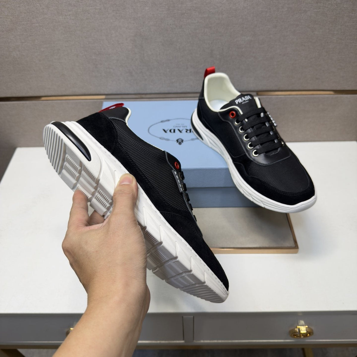 Prada Men's Paneled Low-Top Sneakers — model
