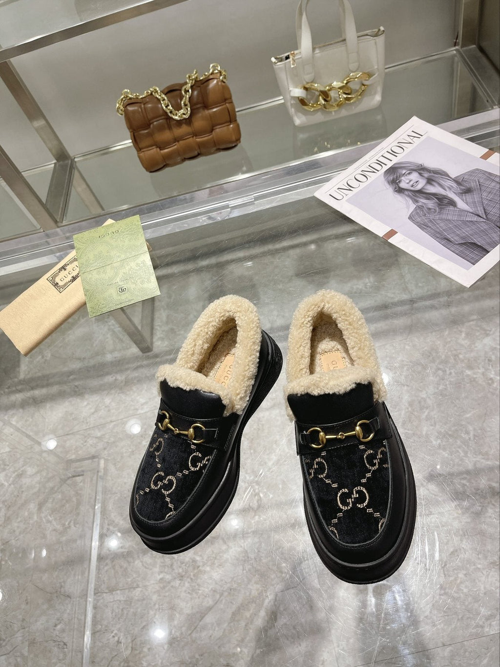 Gucci Patterned Plush-Lined Platform Slip-On Shoes — front