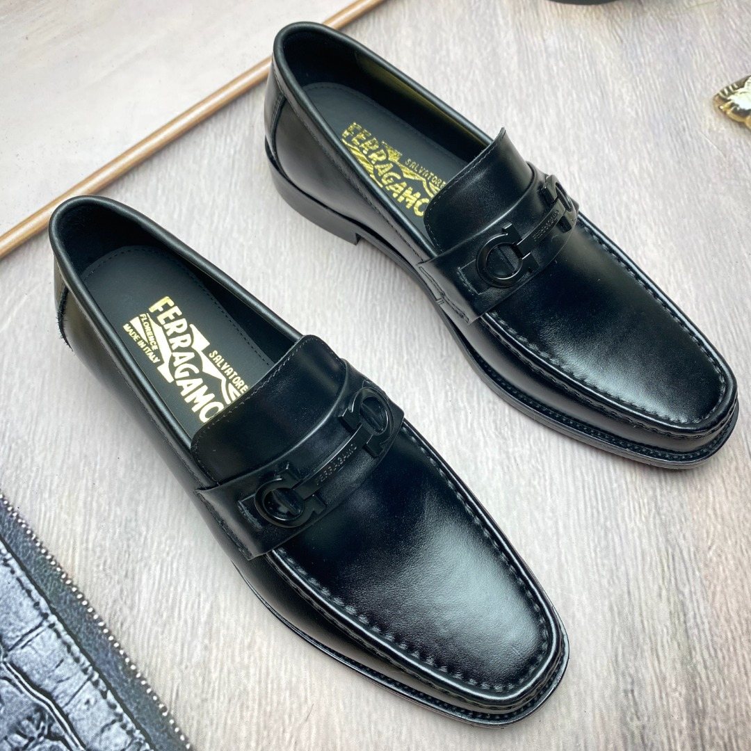 Ferragamo Black Metal-Accent Slip-On Loafers — front