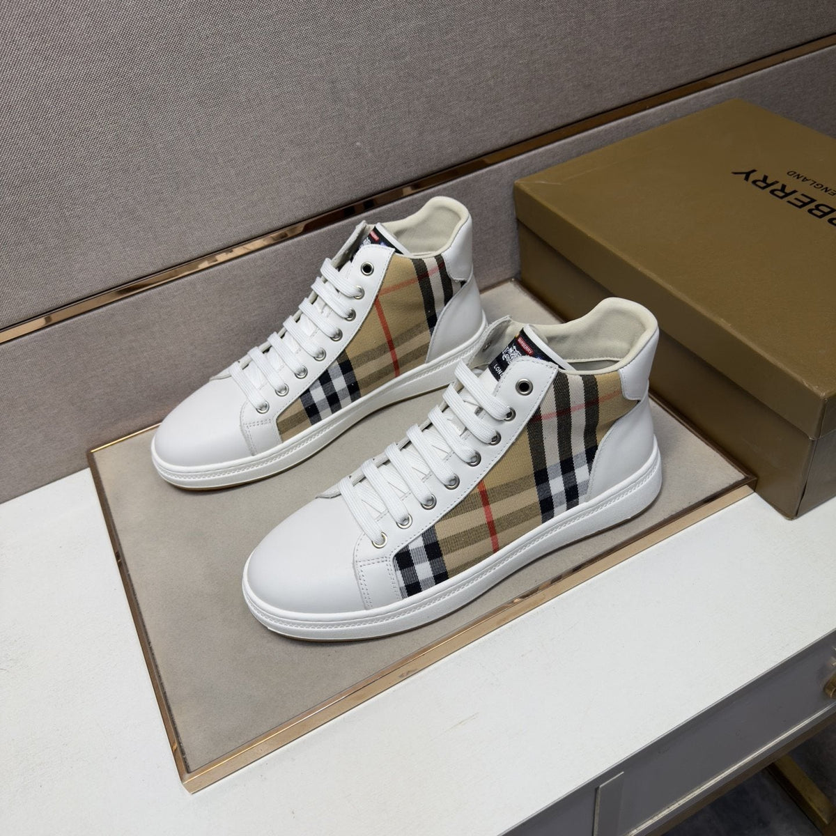 Burberry Men's Plaid-Panel High-Top Sneakers — front