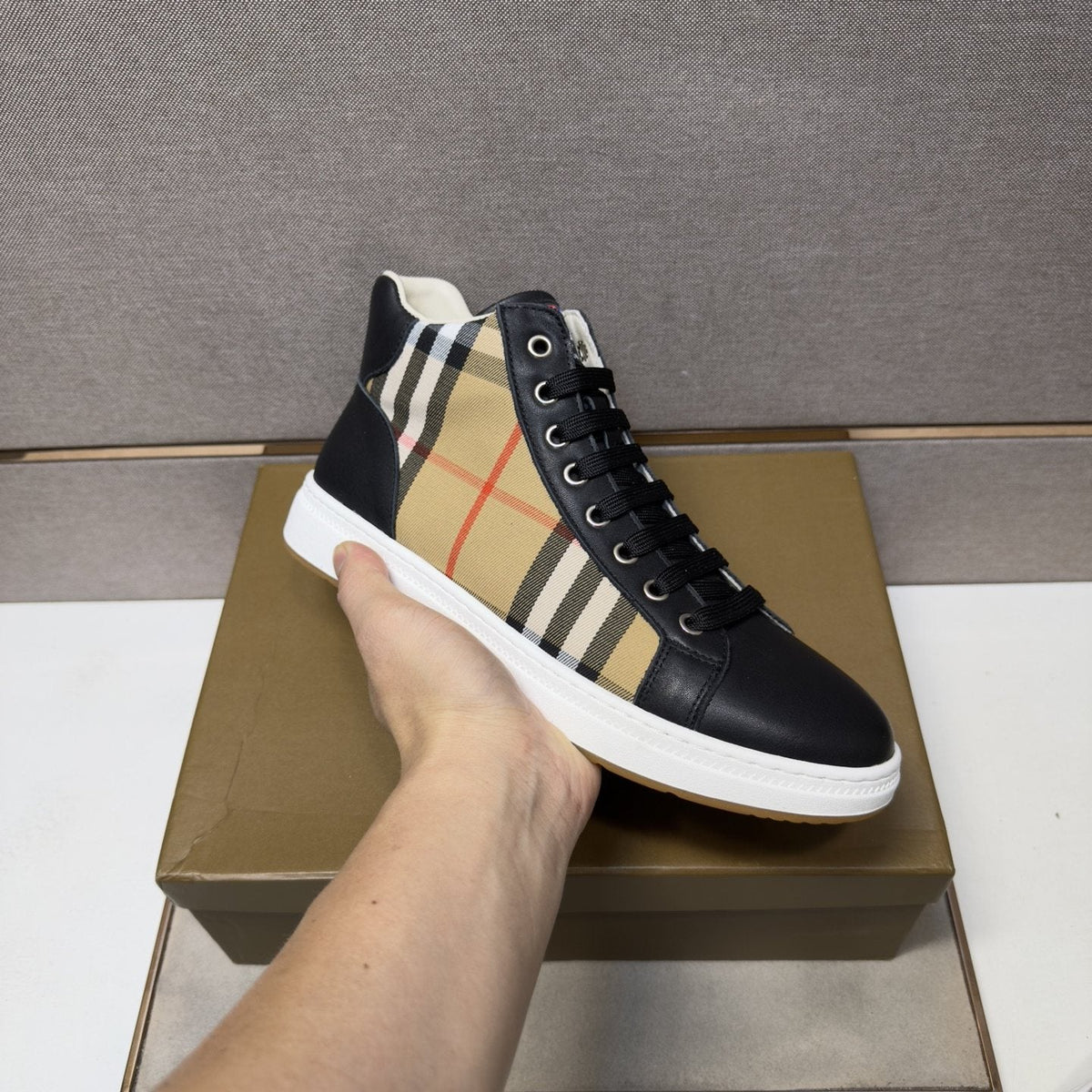 Burberry Men's Plaid-Panel High-Top Sneakers — model