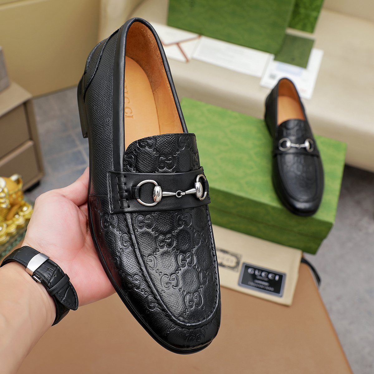 Gucci Black Embossed Loafers — model