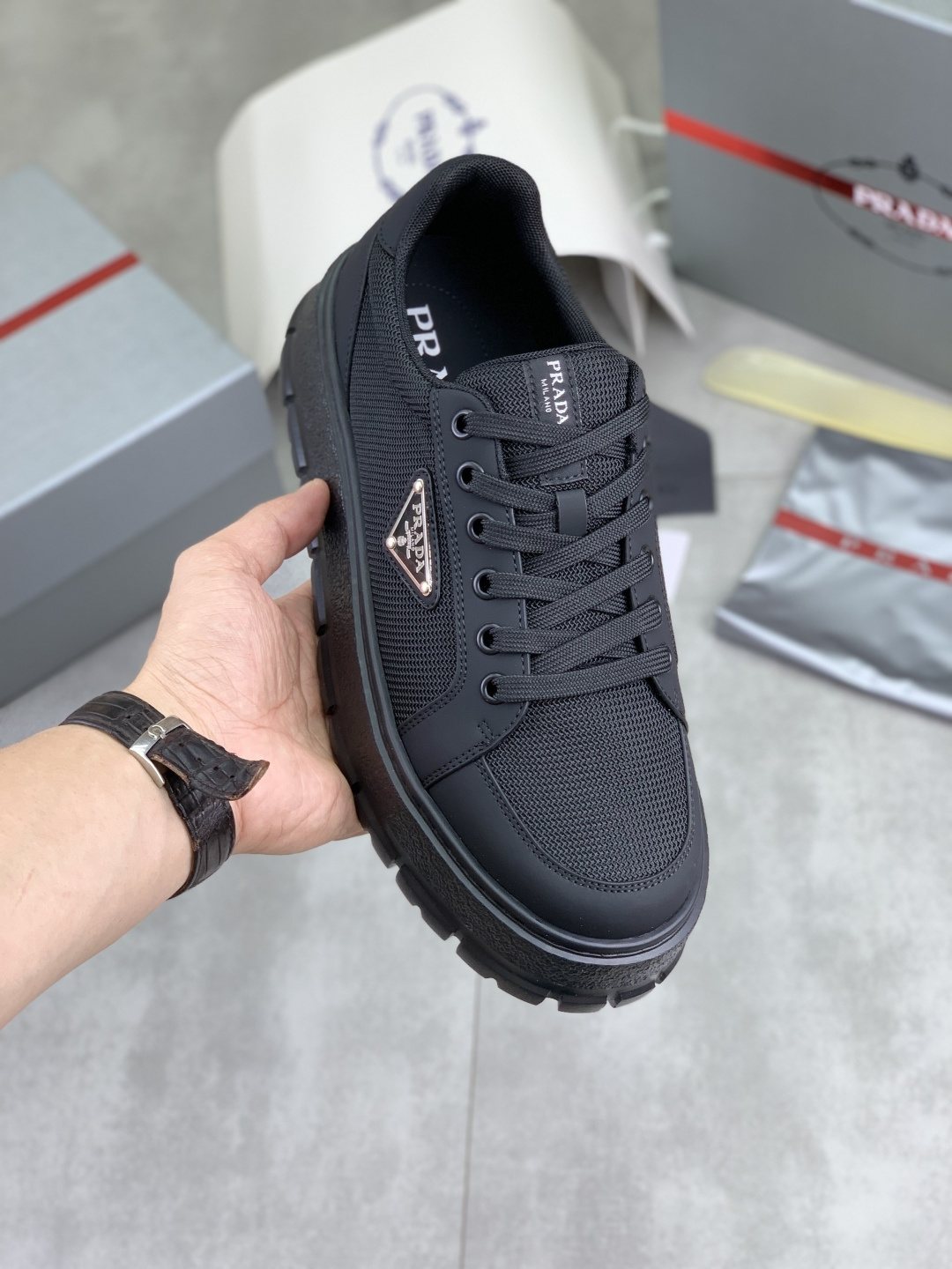 Prada Paneled Lug-Sole Sneakers — front